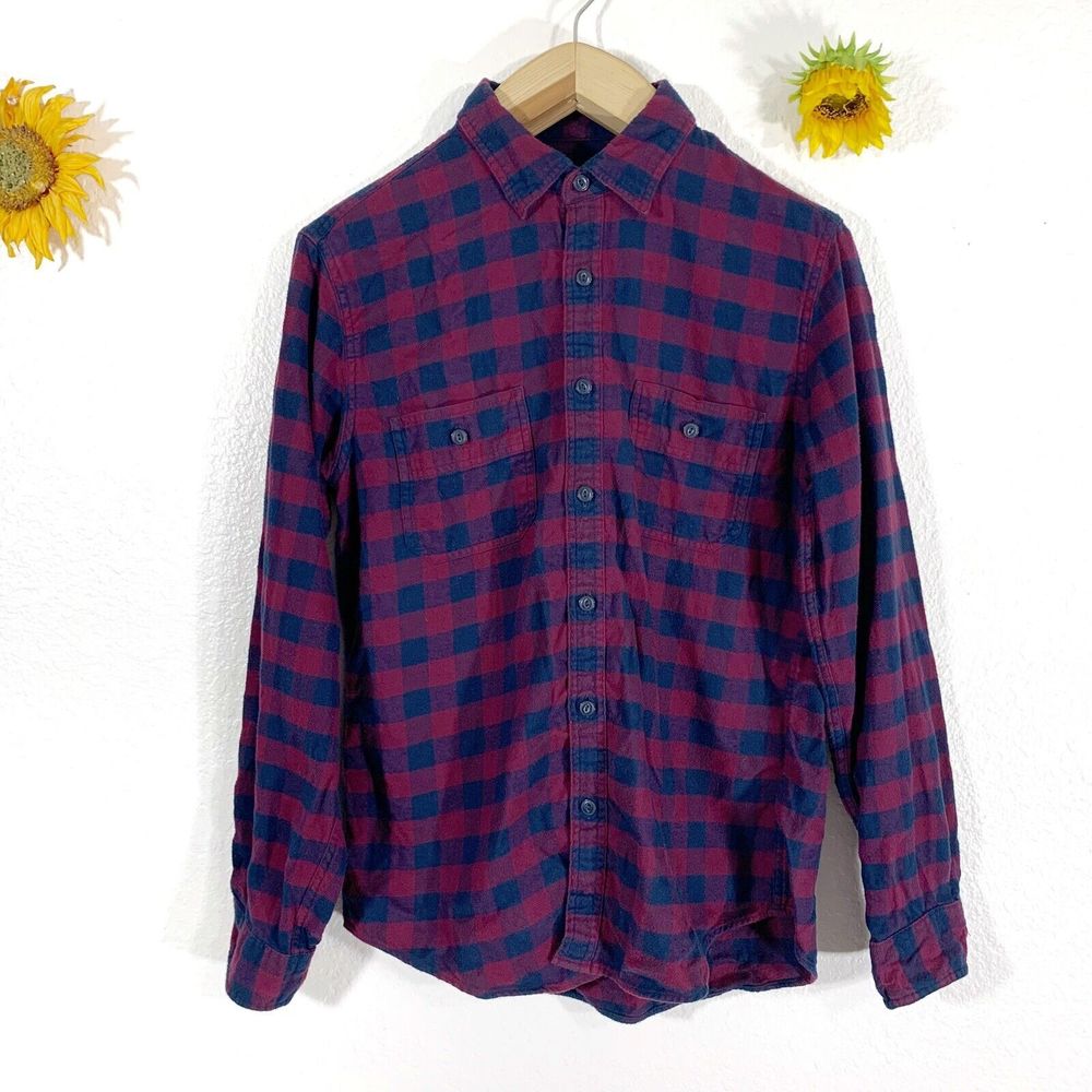 J. Crew Men’s 100% Cotton Maroon Blue Pocket Button Up Flannel Size Medium